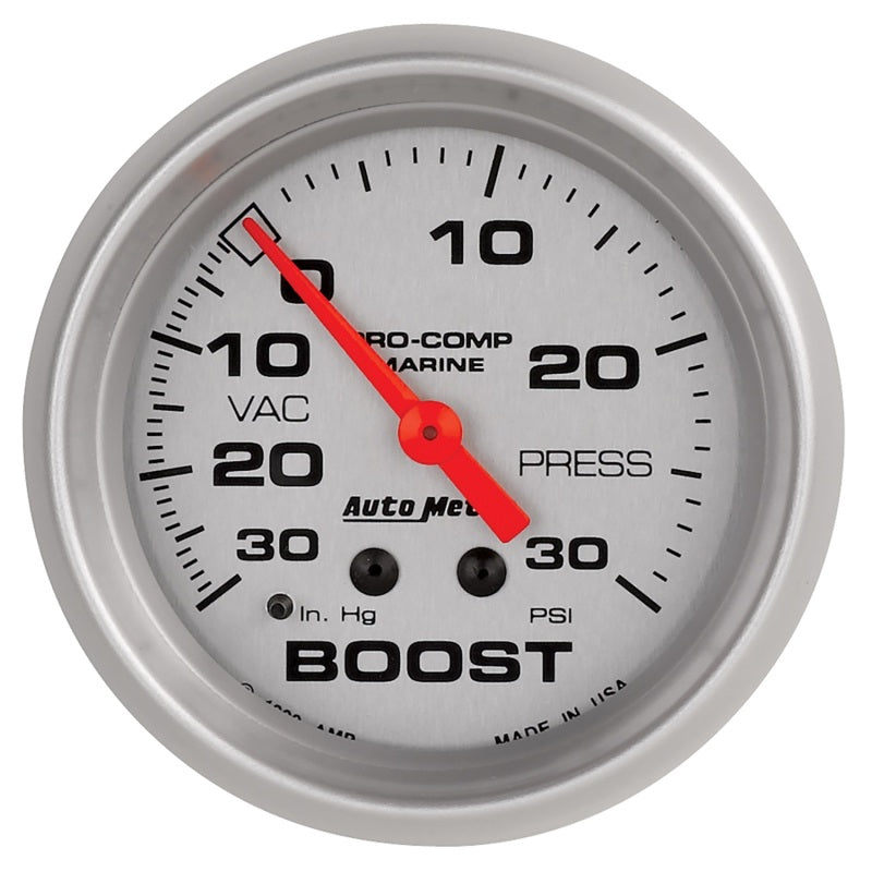 AutoMeter Marine Vac/Boost Gauge 2 5/8in 30INHG 30PSI Mechanical- Silver